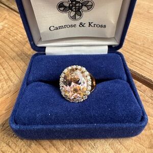 Camrose & Kross Gold Ring with Pink Oval Crystal and Halo Accent